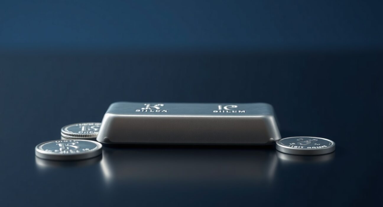 Silver bullion bar and coins on dark reflective surface with soft lighting