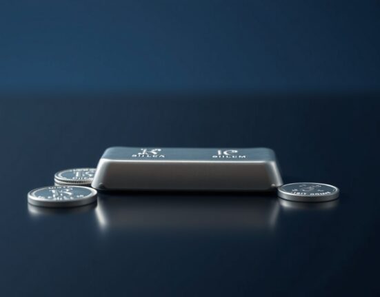 Silver bullion bar and coins on dark reflective surface with soft lighting