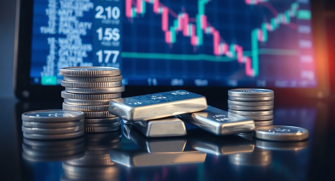 Silver bullion coins and bars on a reflective surface with a blurred financial chart in the background