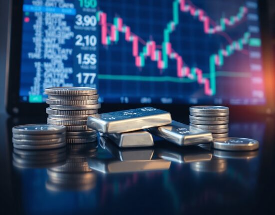 Silver bullion coins and bars on a reflective surface with a blurred financial chart in the background