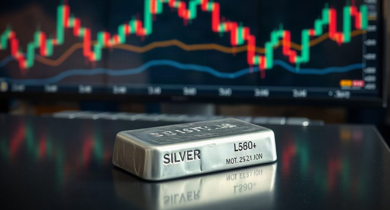 Silver bullion bar on a trading desk with a monitor showing a price chart in the background