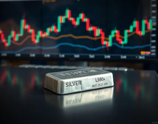 Silver bullion bar on a trading desk with a monitor showing a price chart in the background