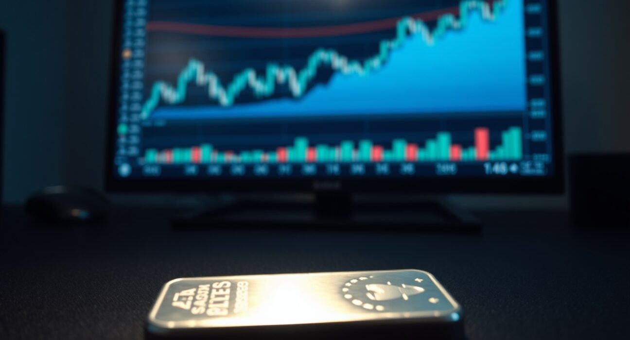 Silver bullion bar on dark surface with financial chart in background