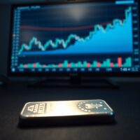 Silver bullion bar on dark surface with financial chart in background