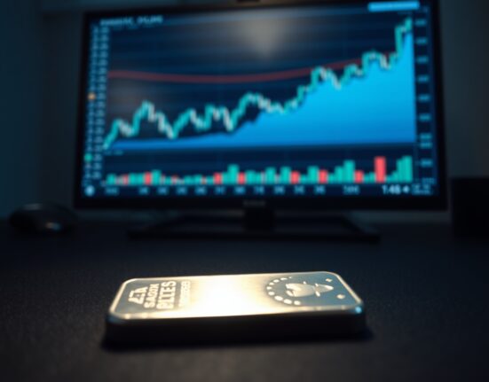 Silver bullion bar on dark surface with financial chart in background