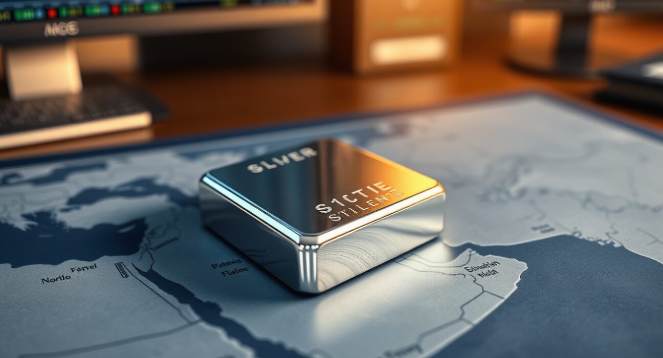 Silver price forecast analysis with bullion on a map of the Strait of Hormuz, representing geopolitical market impact.