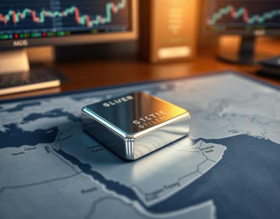 Silver price forecast analysis with bullion on a map of the Strait of Hormuz, representing geopolitical market impact.