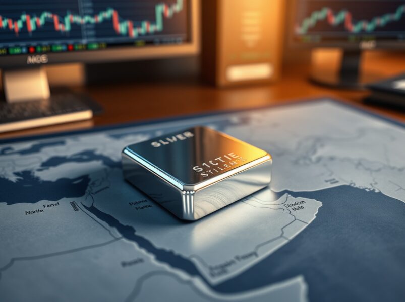 Silver price forecast analysis with bullion on a map of the Strait of Hormuz, representing geopolitical market impact.