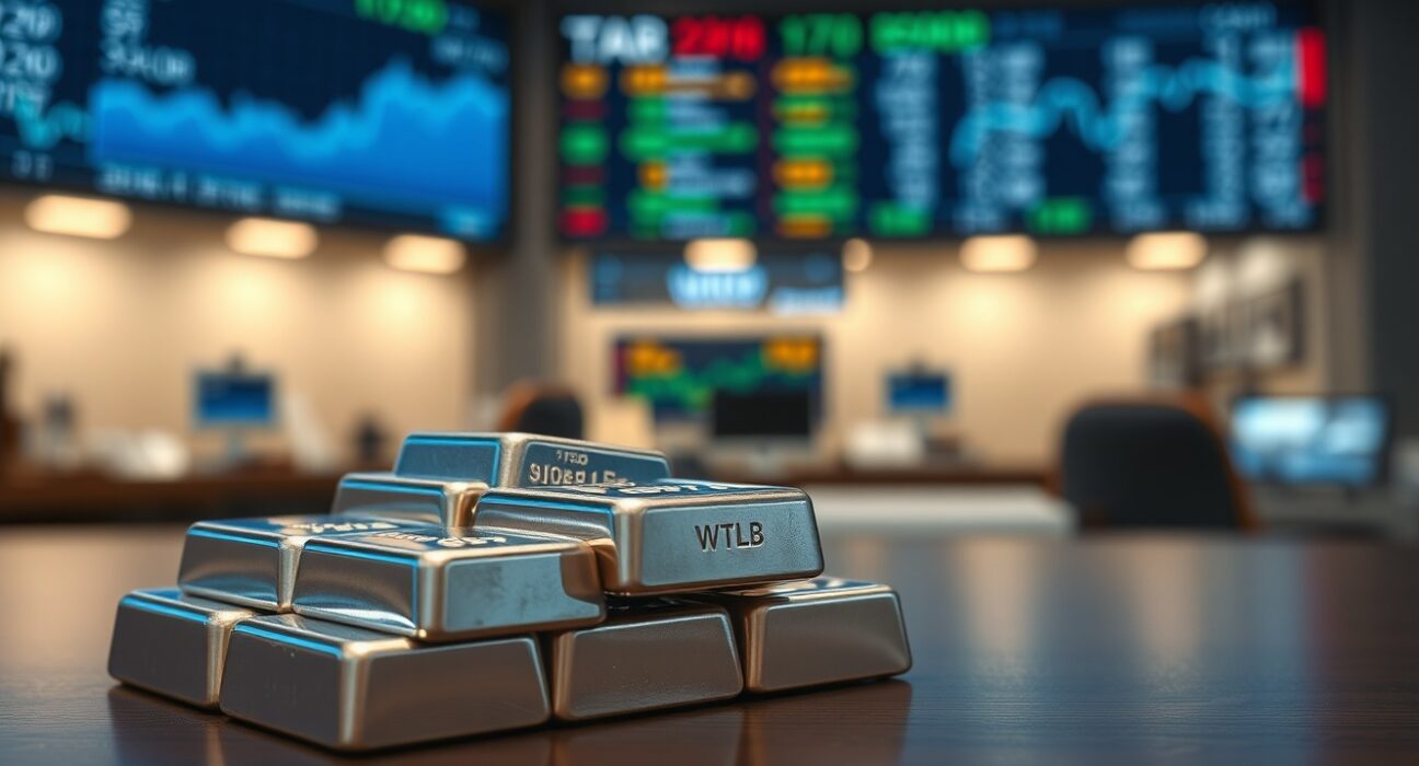 Stacked silver bars on a trading desk with financial charts in background