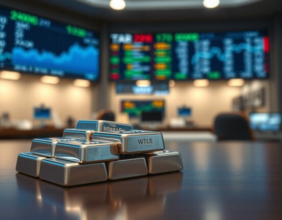 Stacked silver bars on a trading desk with financial charts in background