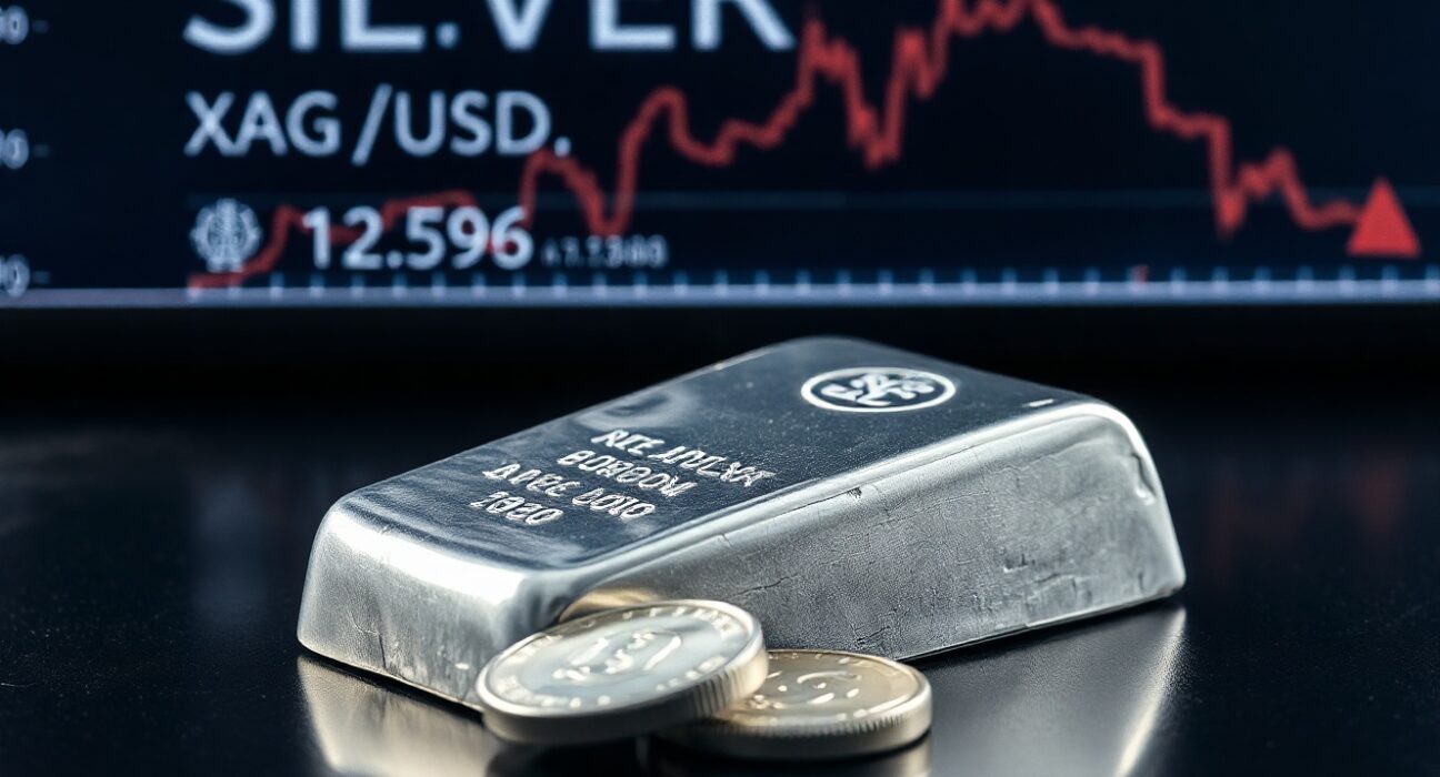 Silver bars and coins on a dark surface with a financial market ticker in the background