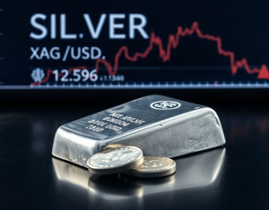 Silver bars and coins on a dark surface with a financial market ticker in the background