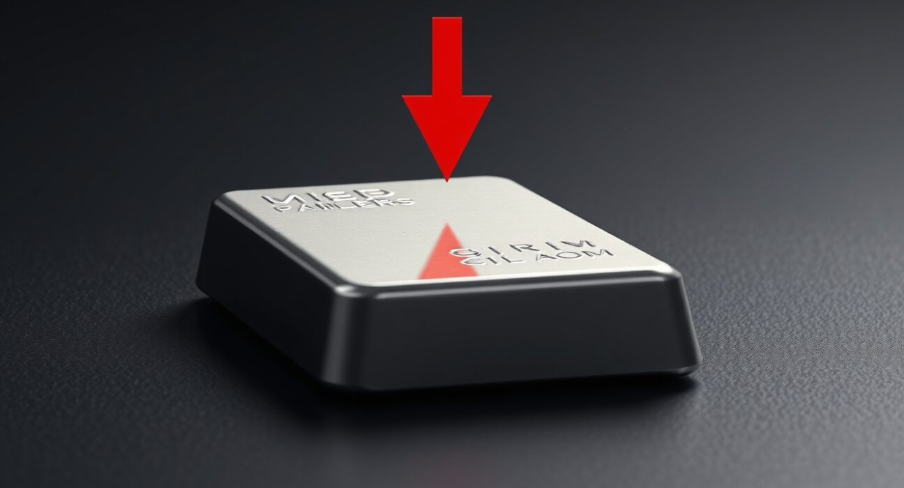 Silver bullion bar with bearish technical analysis overlay and downward arrow symbolizing price forecast