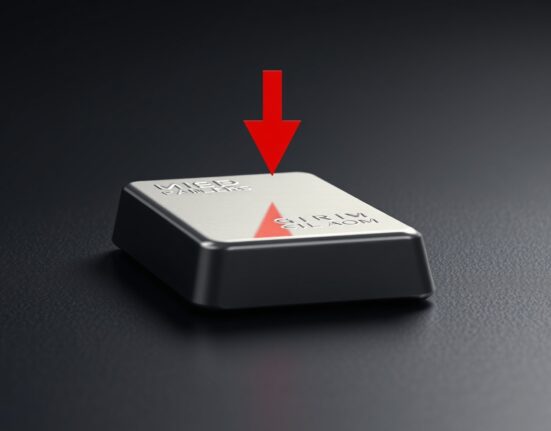 Silver bullion bar with bearish technical analysis overlay and downward arrow symbolizing price forecast