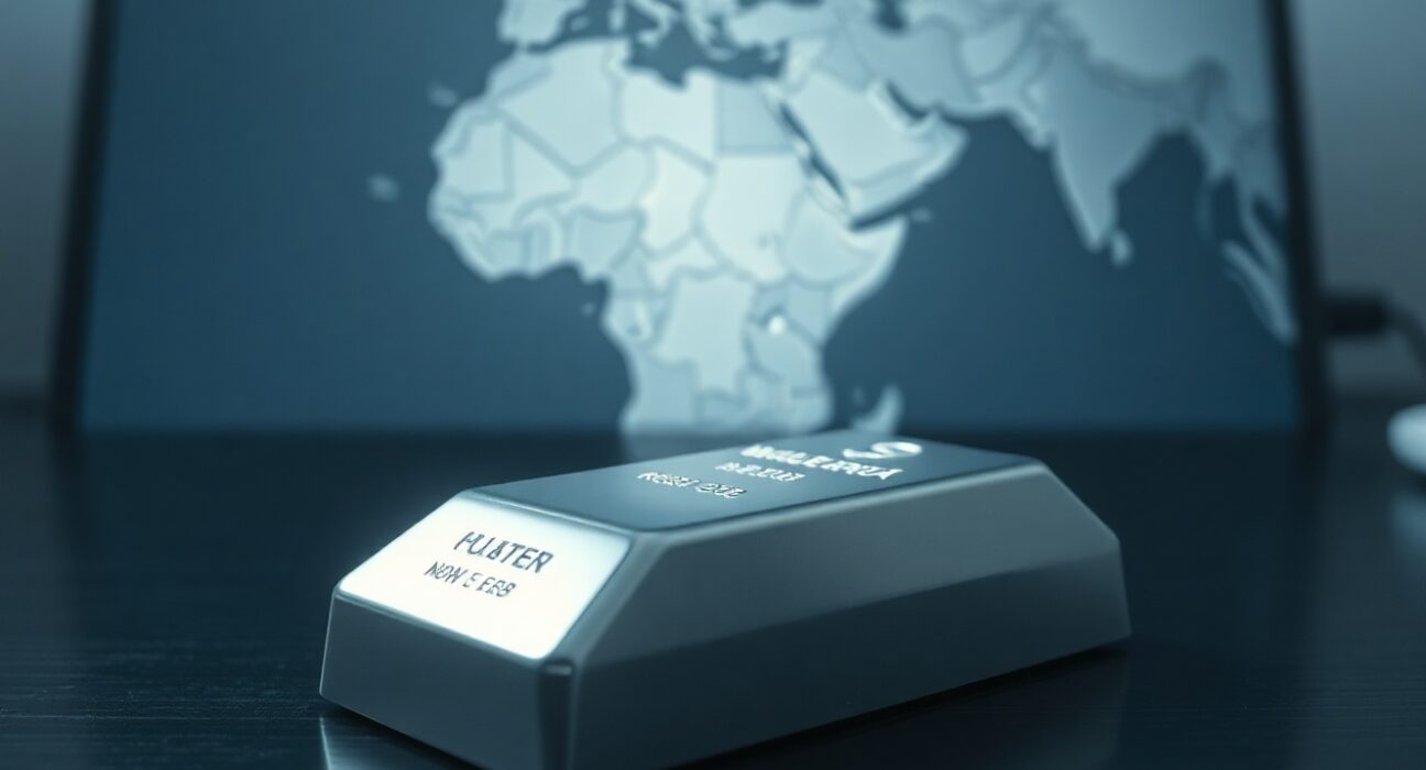 Silver bar on dark surface with Middle East map in blurred background