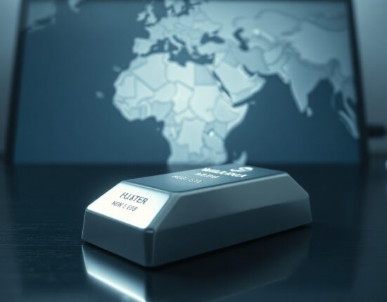 Silver bar on dark surface with Middle East map in blurred background