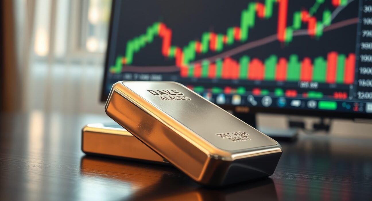 Silver bar on wooden surface with blurred financial chart in background
