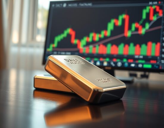 Silver bar on wooden surface with blurred financial chart in background