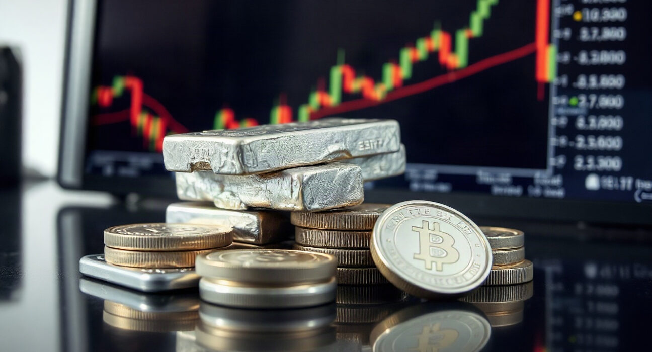Silver bullion bars and coins on a reflective surface with a financial chart in the background.