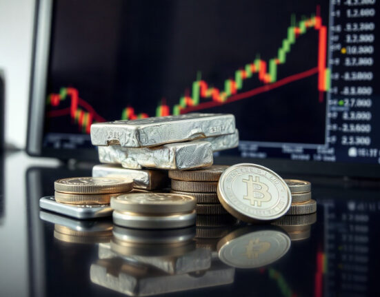Silver bullion bars and coins on a reflective surface with a financial chart in the background.