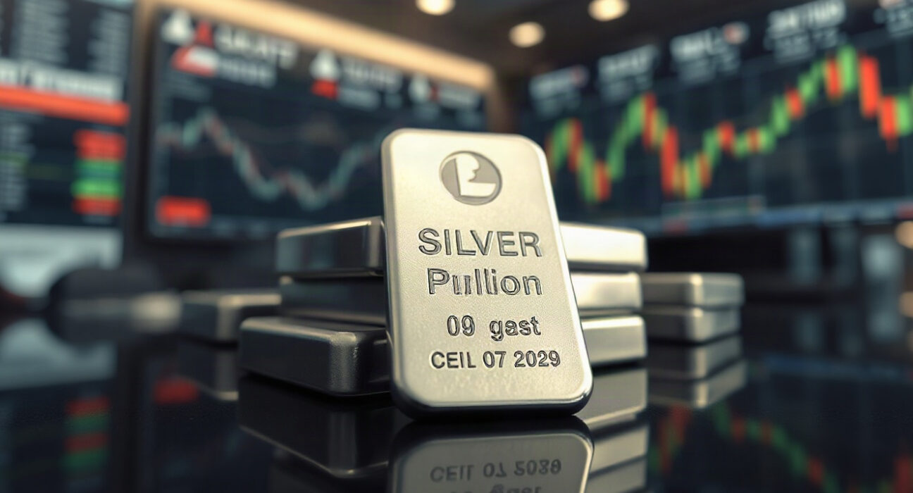 Silver bullion bars stacked on a reflective surface in a trading environment