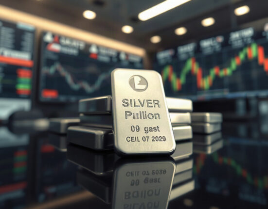 Silver bullion bars stacked on a reflective surface in a trading environment