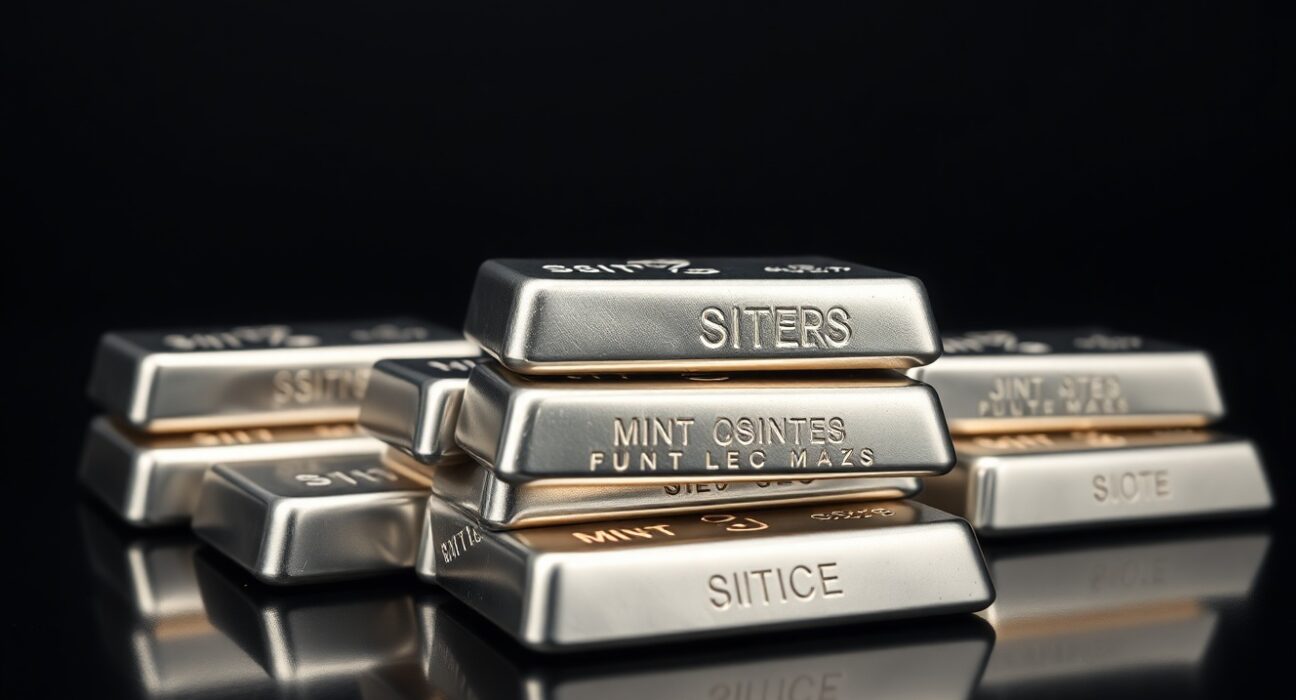 Stack of polished silver bullion bars on dark reflective surface