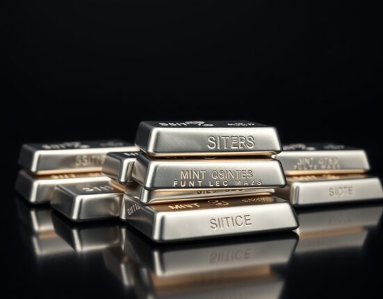 Stack of polished silver bullion bars on dark reflective surface