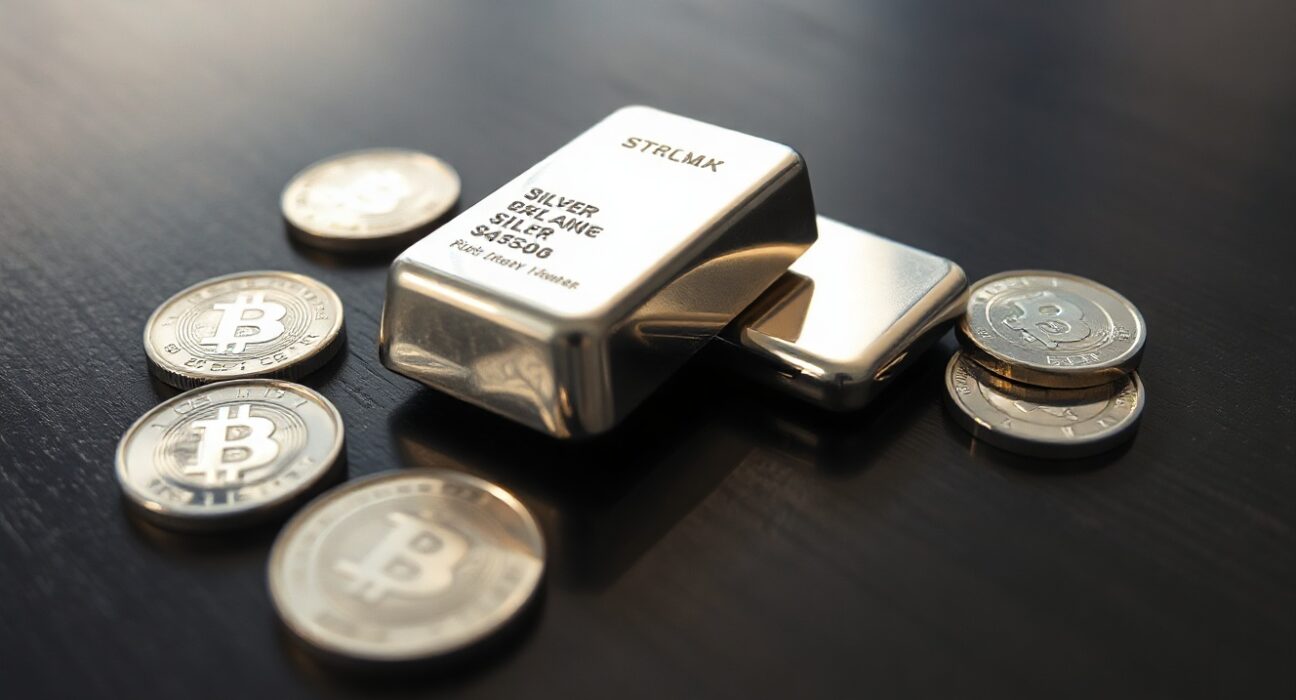 Silver bars and coins on a dark surface with soft lighting, representing precious metals market analysis.