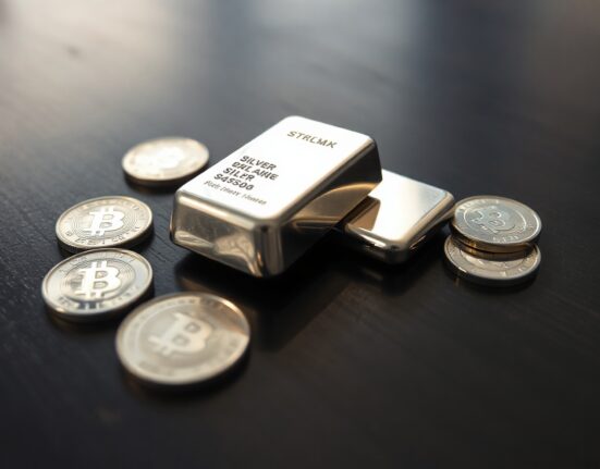 Silver bars and coins on a dark surface with soft lighting, representing precious metals market analysis.