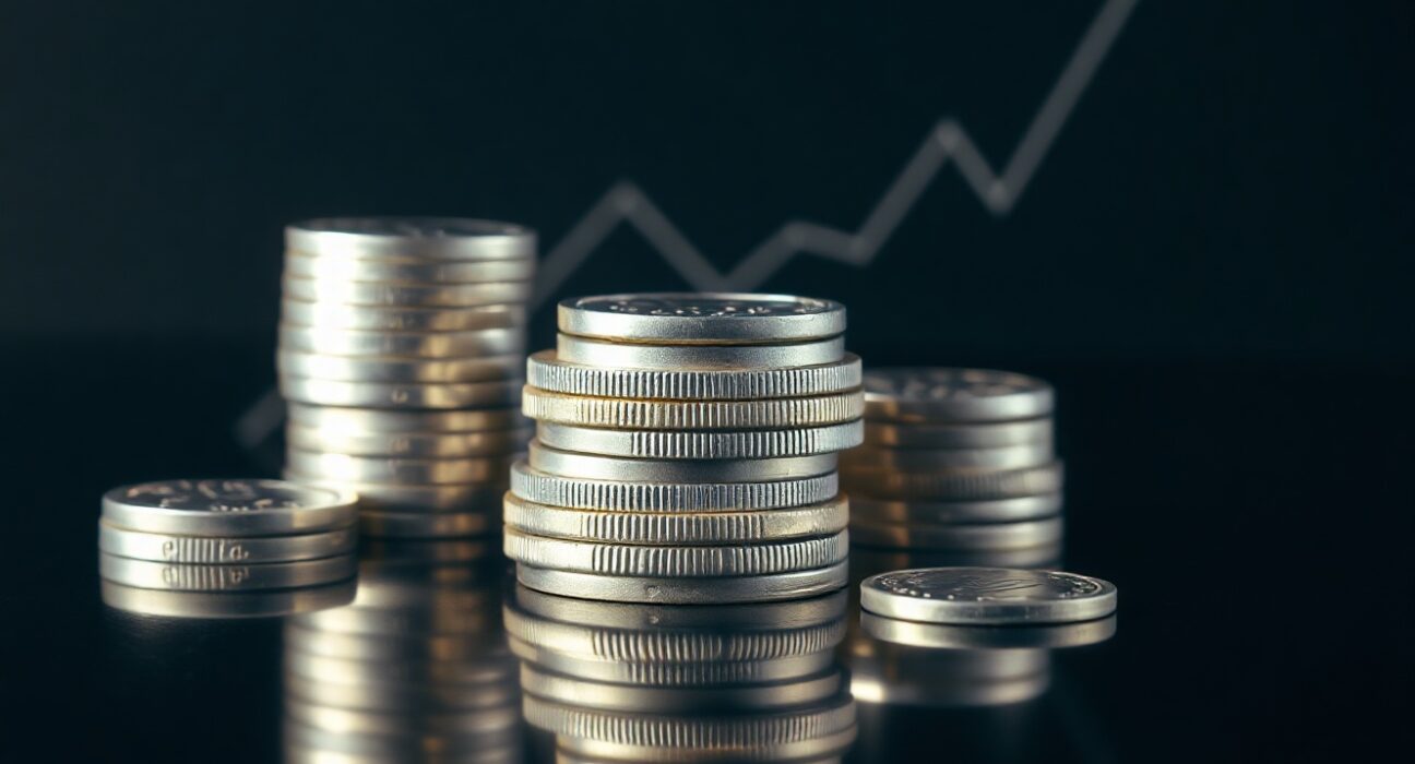 Close-up of silver bullion coins and bars on a reflective surface, representing the recent surge in silver prices.