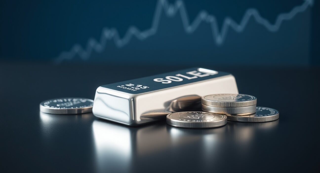 Silver bars and coins on a dark surface with financial chart overlay representing market analysis.