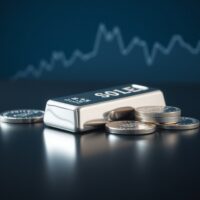 Silver bars and coins on a dark surface with financial chart overlay representing market analysis.