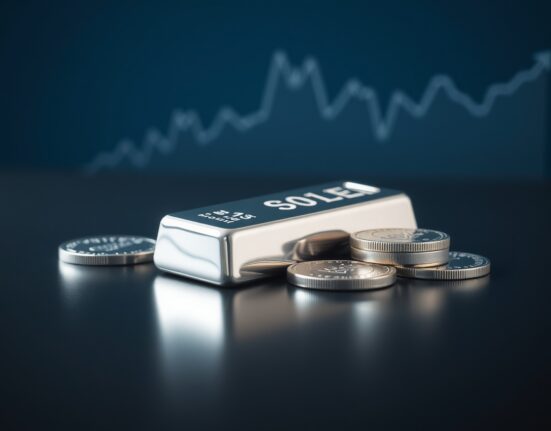 Silver bars and coins on a dark surface with financial chart overlay representing market analysis.