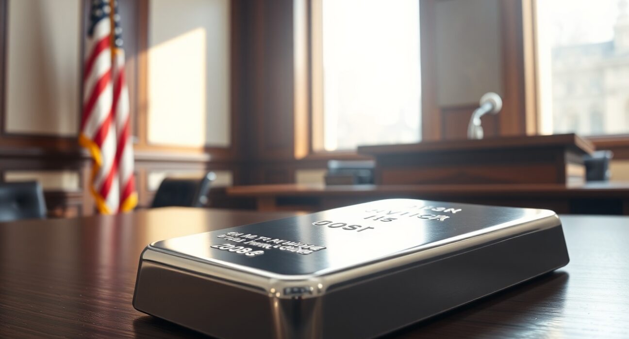 Silver price forecast analysis with silver bullion in a government hearing room setting ahead of Kevin Warsh's confirmation.