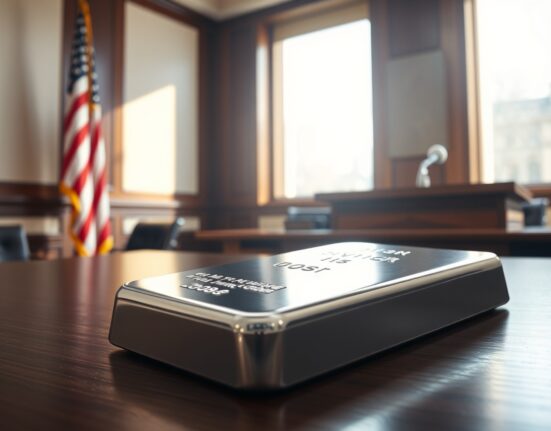 Silver price forecast analysis with silver bullion in a government hearing room setting ahead of Kevin Warsh's confirmation.