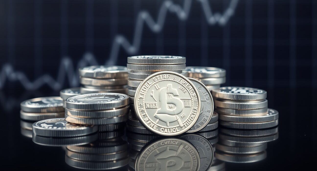 Silver bullion coins and bars on a reflective surface with a subtle upward chart in the background