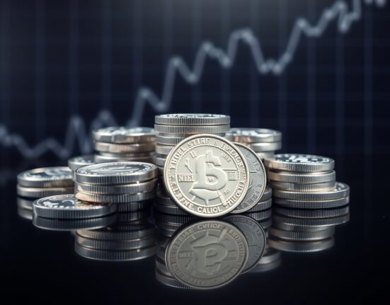 Silver bullion coins and bars on a reflective surface with a subtle upward chart in the background