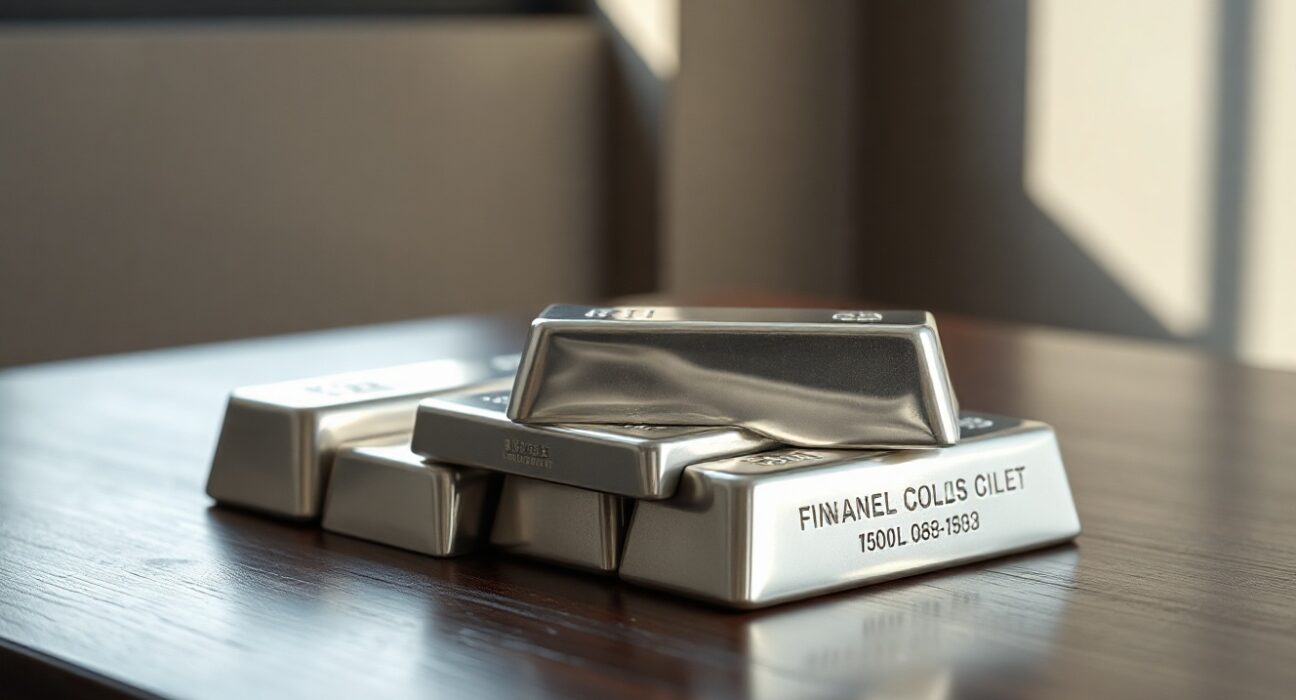 Stacked silver bullion bars on a dark wooden surface under soft natural light