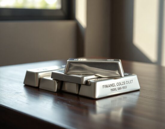 Stacked silver bullion bars on a dark wooden surface under soft natural light