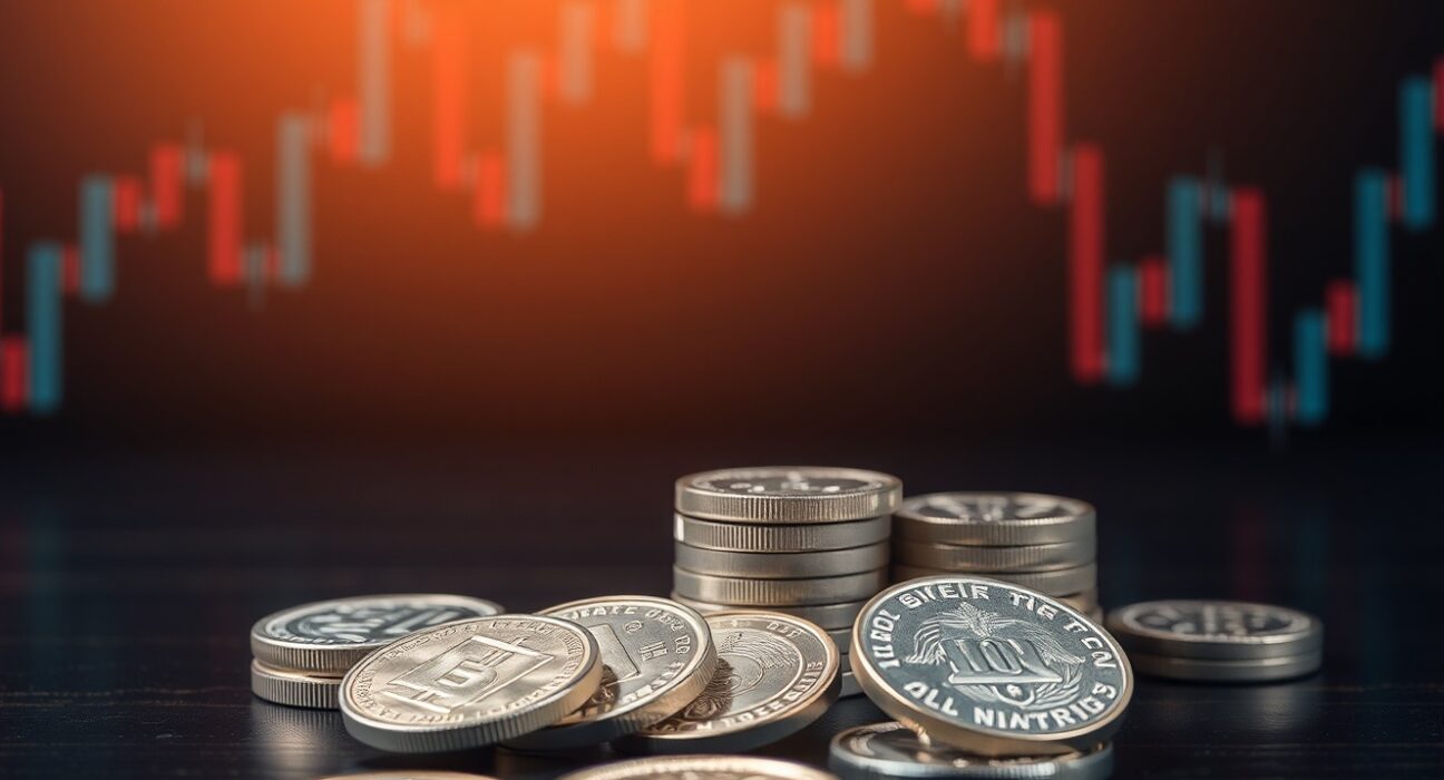 Silver bullion coins and bars on a dark surface with subtle financial chart background