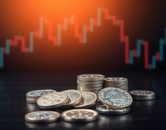 Silver bullion coins and bars on a dark surface with subtle financial chart background