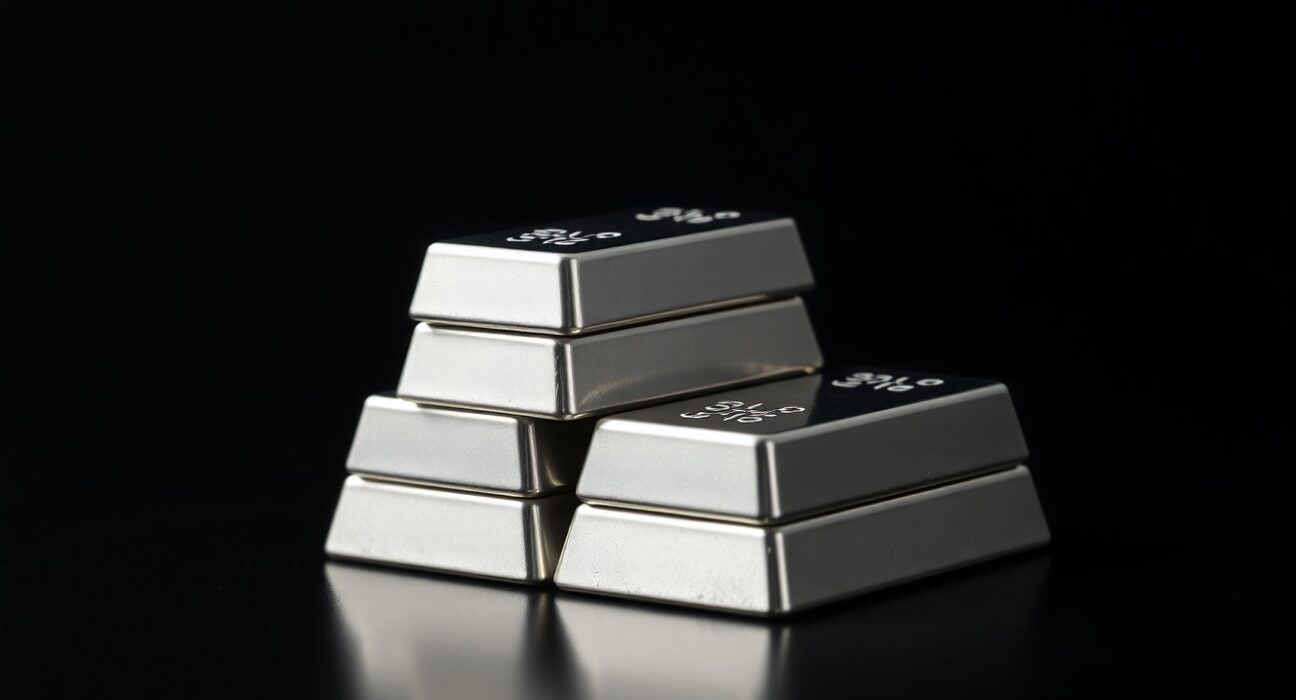 Stack of polished silver bullion bars on dark reflective surface