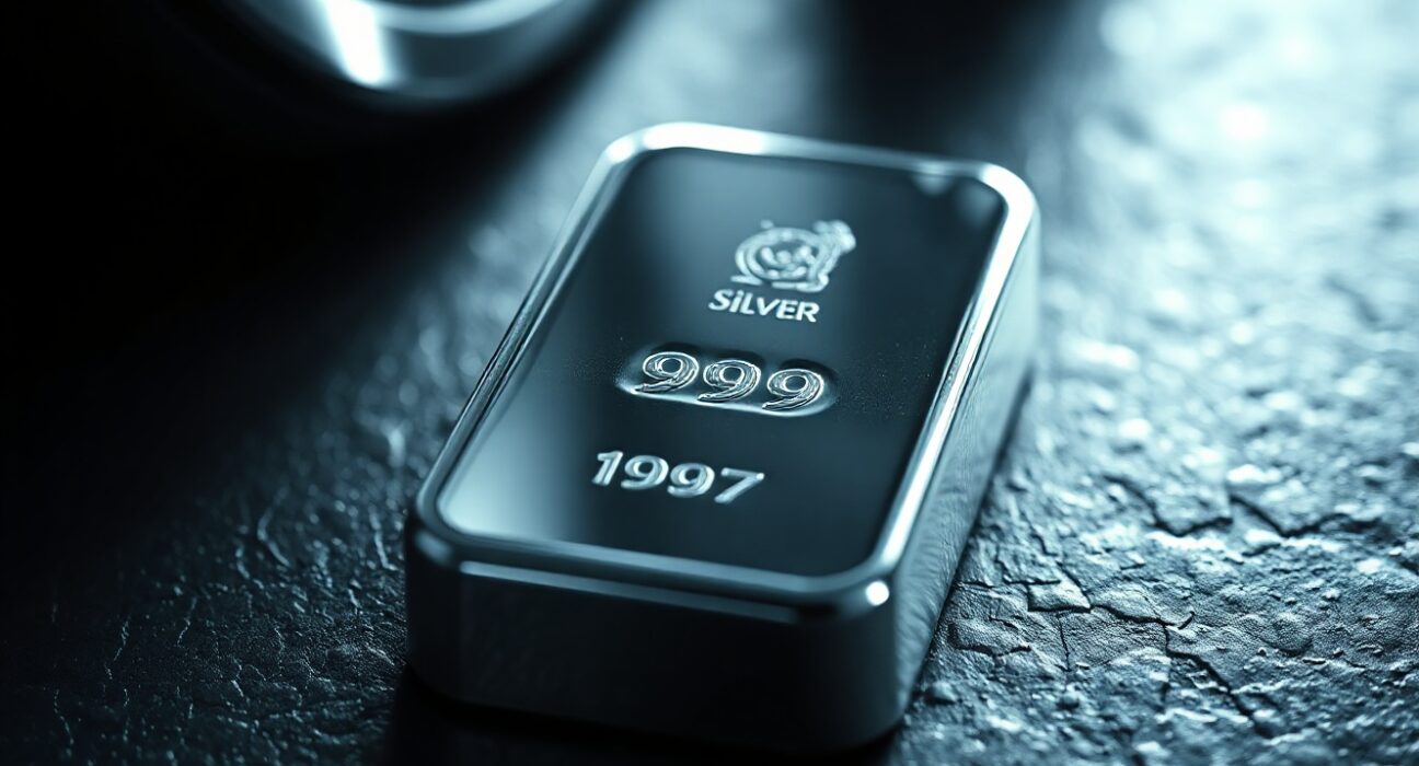Silver bullion bar on dark surface, representing precious metals market and price forecast analysis