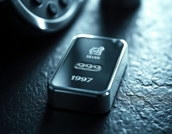Silver bullion bar on dark surface, representing precious metals market and price forecast analysis