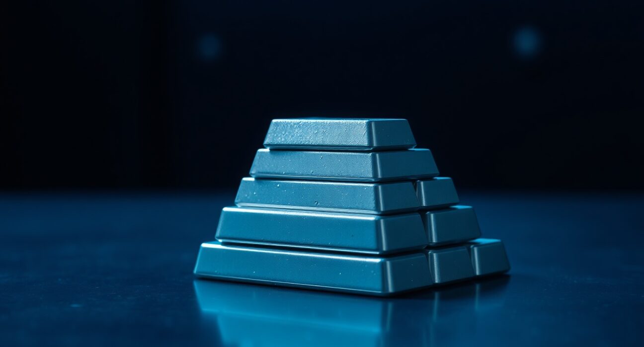 Stack of silver bullion bars on a dark surface, representing the silver market and price forecast analysis.