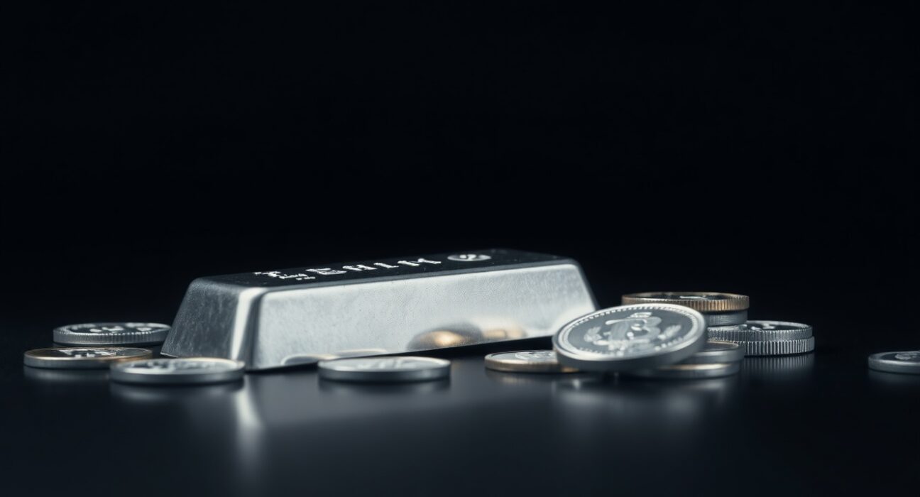 Silver bars and coins on a dark surface representing precious metals market analysis