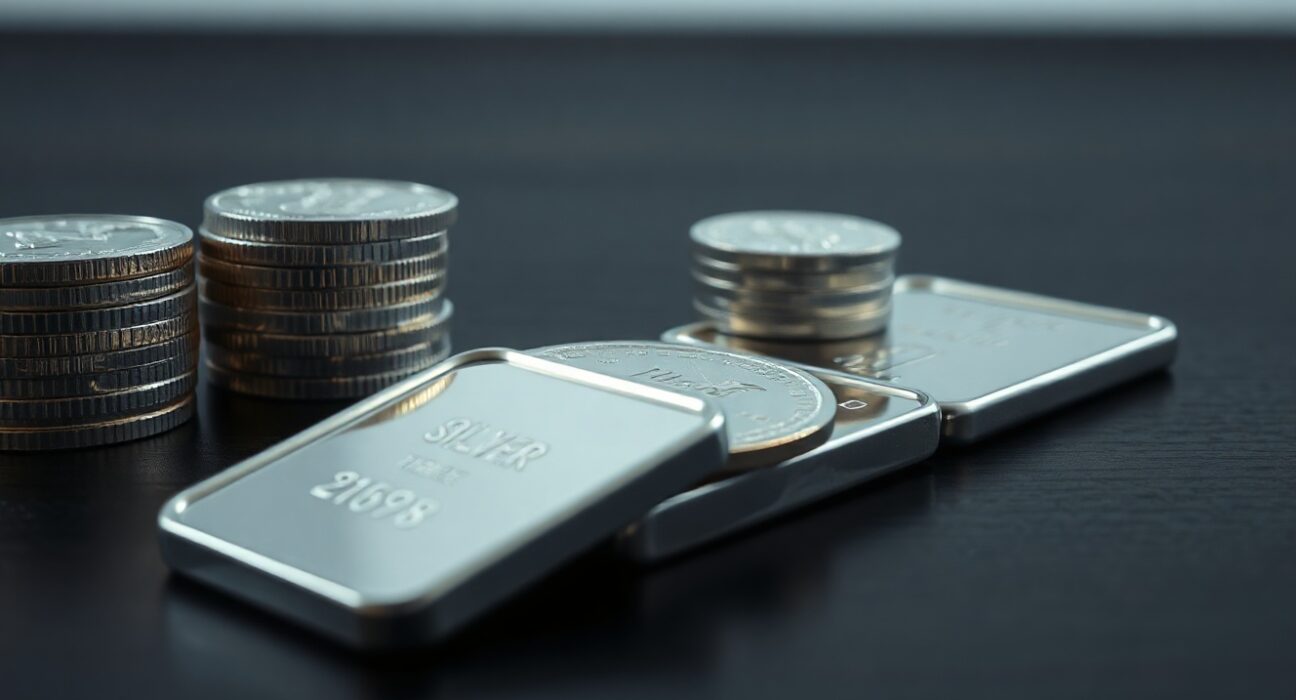 Silver bullion coins and bars with a reflective downward chart trend, representing bearish price forecast.