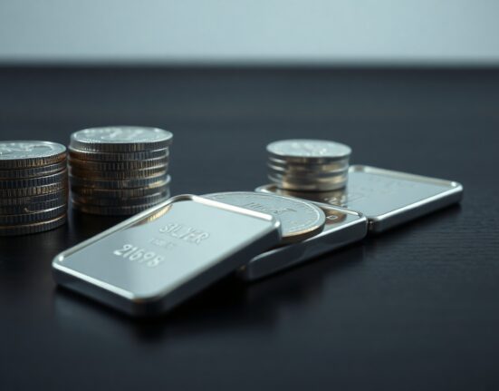 Silver bullion coins and bars with a reflective downward chart trend, representing bearish price forecast.