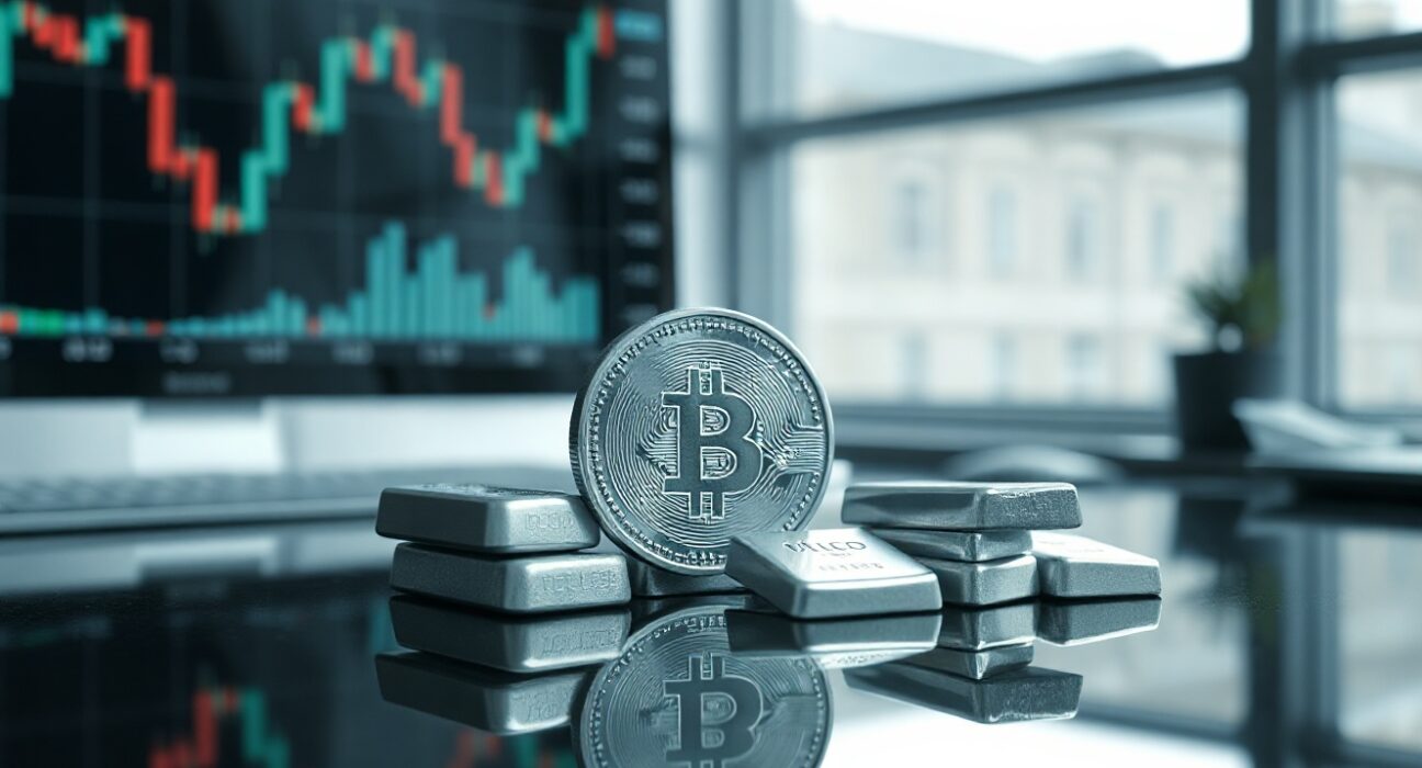 Silver bullion coins and bars on a reflective surface with a blurred trading screen in the background